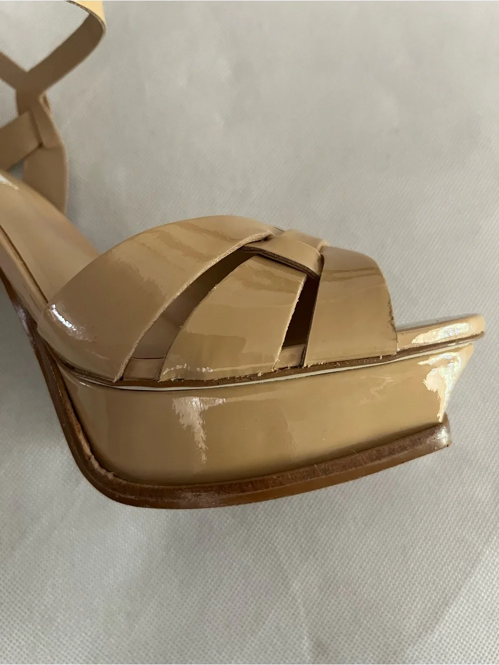 Steve Madden Beige Strappy Patent Leather Heels